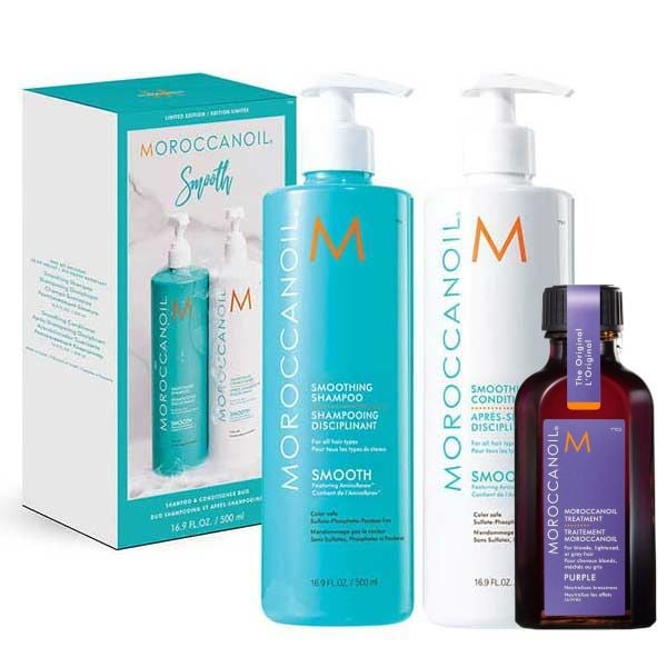 Moroccanoil Smooth Set (Shampoo & Conditioner Duo 500ml, Purple Oil Treatment 50ml)