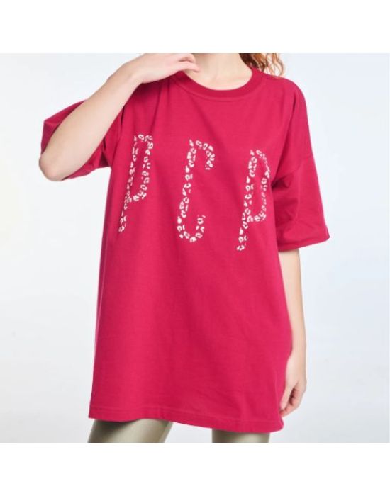 PCP Clothing Woman Short-Sleeve T-Shirt Wine with Silk Print Leopard