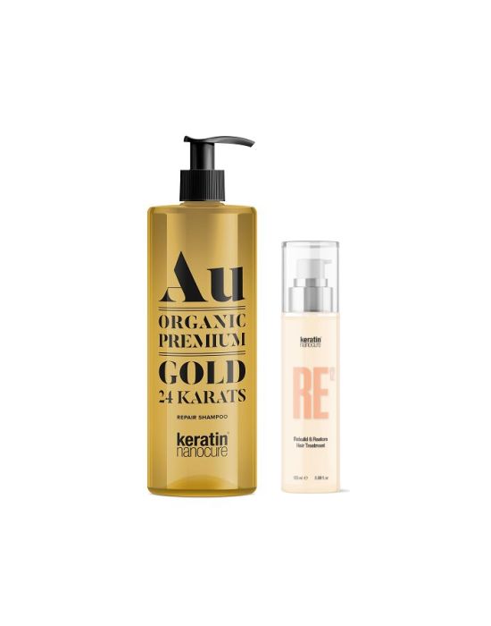 Keratin Nanocure® Au Gold 24ct Shampoo 500ml & Keratin Nanocure® RE12 Rebuild and Restore Hair Treatment 100ml