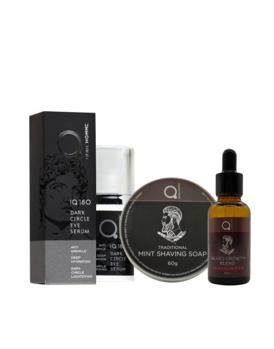 Qure Dark Circle Eye Serum 30ml & Mint Shaving Soap 60g & Beard & Face Growth Blend Sandalwood Kasmir 30ml