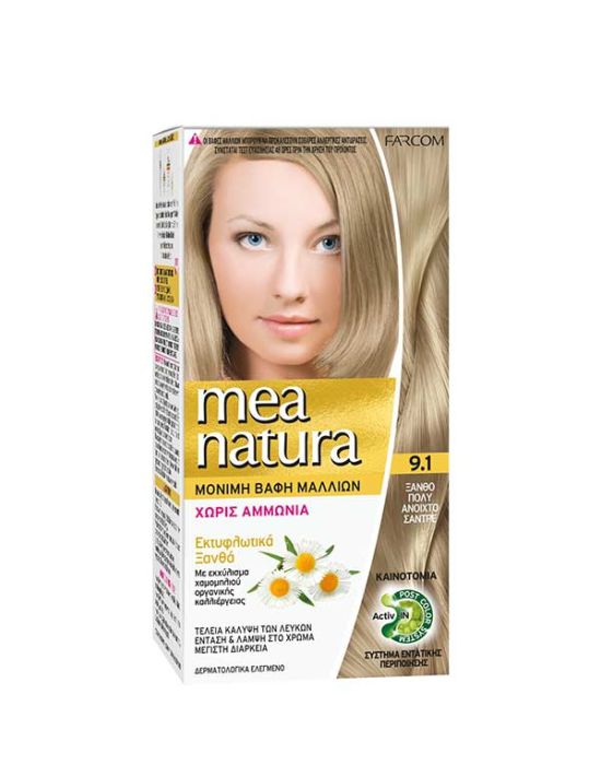 Farcom Mea Natura Permanent Hair Color Cream Ammonia Free 9.1 Ξανθό Πολύ Ανοιχτό Σαντρέ 60ml