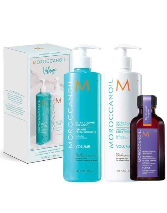 Moroccanoil Volume Set (Shampoo & Conditioner Duo 500ml, Purple Oil Treatment Light 50ml)