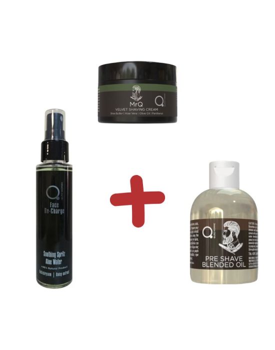 Qure Σετ - MrQ Velvet Shaving Cream - Κρέμα Ξυρίσματος 100ml + MrQ Pre Shave blended Oil 100ml + Qure Soothing Spritz Aloe Water 100ml