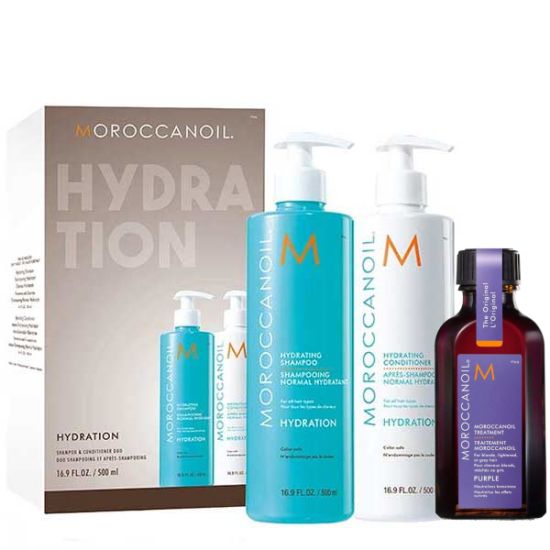 Moroccanoil Hydrating Set (Shampoo & Conditioner Duo 500ml, Oil Treatment Purple 50ml)